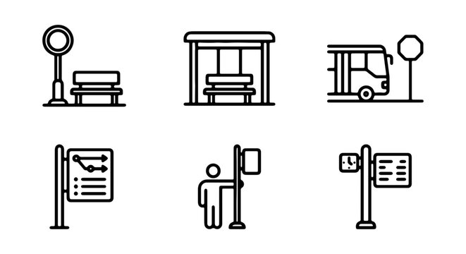 Bus Stop Icons: Shelter, Sign, Bench, Vehicle, Passenger, Route Map