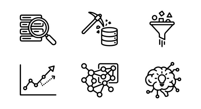 Data Mining, Analysis, AI Icons: Vector Set for Business Intelligence and Technology