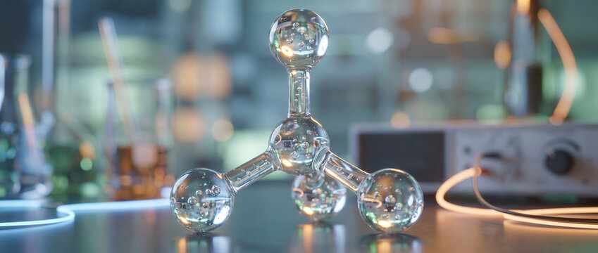 High-quality 3D render of tetrahedral molecular structure with transparent glass atoms, internal bubbles, and soft bokeh background, representing chemistry, physics, and scientific research.