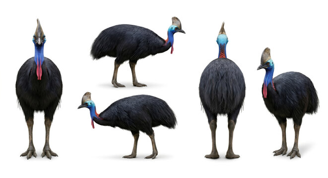 Cassowary shows its distinctive blue neck and helmeted head in this comprehensive set of bird poses.
