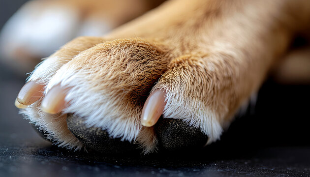 A close-up shot of an animal's paw with white fur and long nails on a dark surface