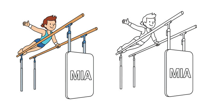 Gymnastics Athlete Character Named Mia Performing on Parallel Bars, Set of Colored Illustration and Black and White Line Art Coloring Page for Kids Education and Sports Theme