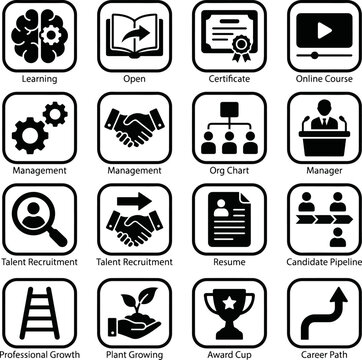 Create a realistic human resources development solid glyph icon set. training, management, learning, recruitment, talent, skills, coaching, career, competence building, growth. editable vector art .