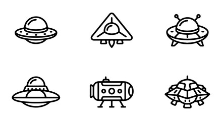 Alien Spaceship Icons, UFO Vector Set, Flying Saucer Graphics, Sci-Fi Craft Collection © RAKHI