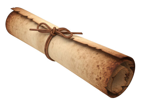 Old rolled parchment paper with string tie isolated on transparent background