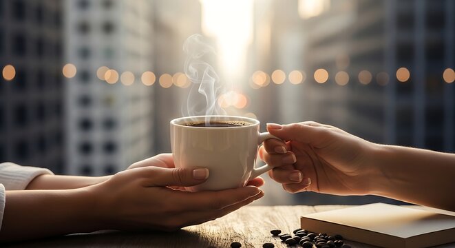 Two people holding a steaming cup of hot coffee together in the morning