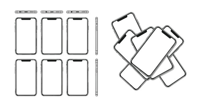 Multiple smartphones arranged in various angles and a pile for mobile device presentation and digital interface design.