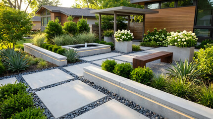 Obraz premium Modern Landscape Design with Concrete Pavers and Minimalist Garden Features