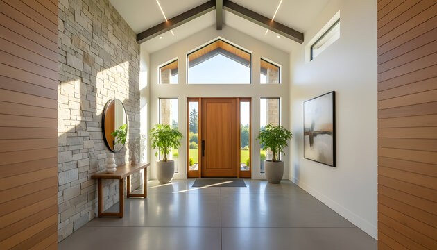 Modern Foyer Interior with Stone Wall, Vaulted Ceiling, and Wooden Entry Door