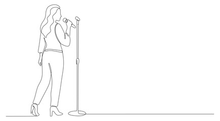 Obraz premium This is a minimalist drawing with one continuous line depicting a long-haired woman singing into a microphone.
