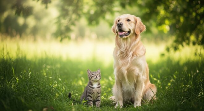 Golden retriever dog and tabby kitten sitting together in sunlit green grass