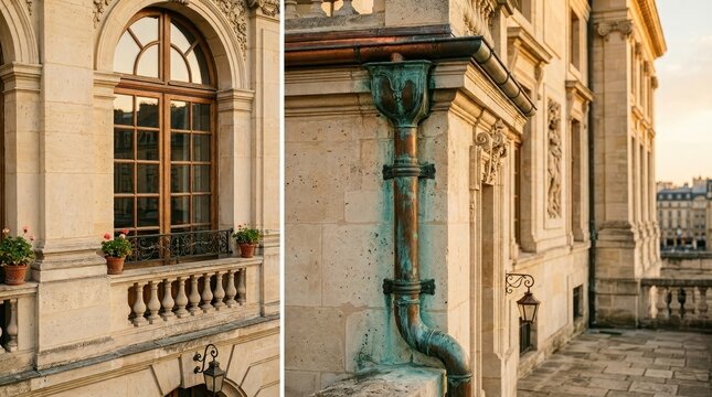 Intricate European Architecture With Ornate Stone Facade, Balcony, And Copper Gutter System
