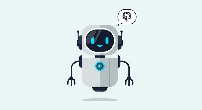 Cute small robot character with lightbulb icon thought bubble, technology