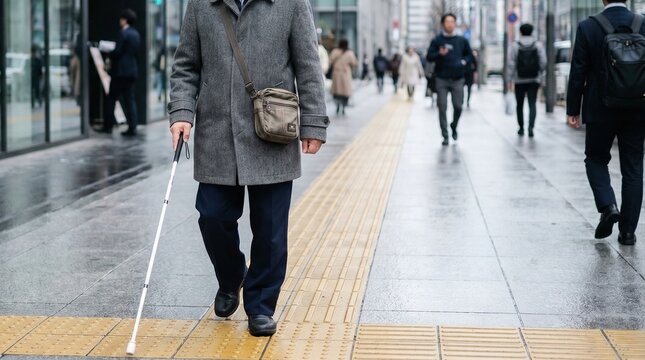 Visually impaired man walking with white cane on city sidewalk with tactile paving, wearing gray coat in modern urban street.