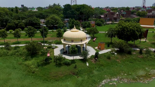 Aerial view of Kaliya Naag Temple and garden in Jait, Mathura	
