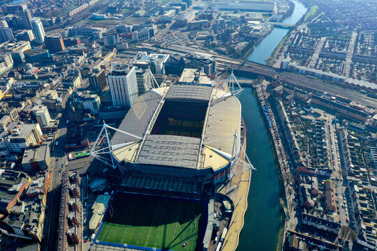Aerial drone view of Principality Stadium retractable roof, Cardiff city centre, River Taff, Cardiff, Wales, UK