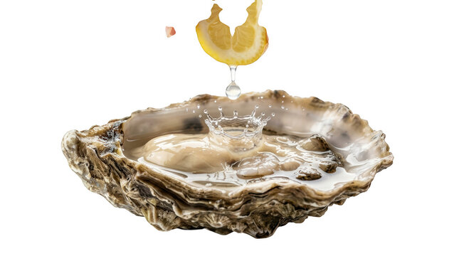 Fresh raw oyster on shell with a squeeze of yellow lemon juice drop