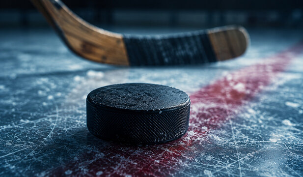 Close up black hockey puck on scratched ice with blurred wooden stick and red rink line for intense winter sport action
