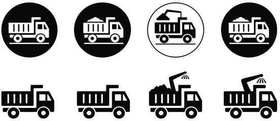 Construction Dump Truck icon collection with Solid and Circular Designs, Ideal for Logistics, Mining, Transportation and Engineering projects. © ABUBOKKORsiddik