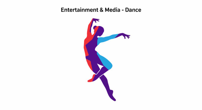 A dancer in mid-leap, her silhouette divided into vibrant red, purple, and blue geometric segments