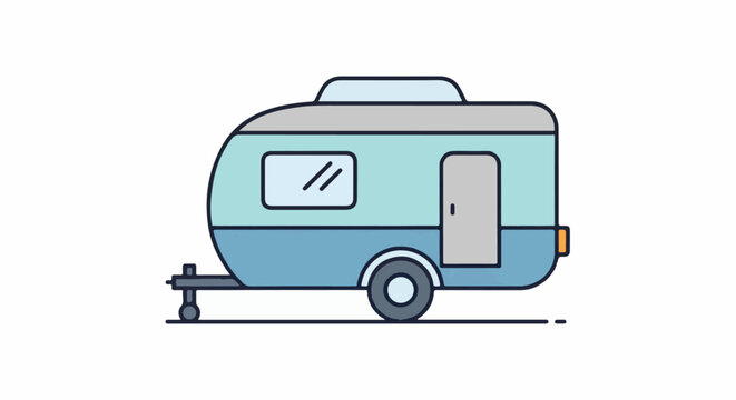 A simple illustration of a blue and grey recreational travel trailer on a white background