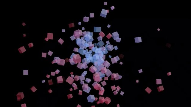 Abstract 3D cubes explosion and floating geometric particles on black background