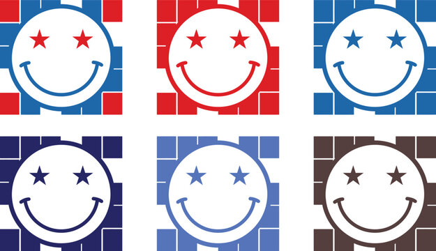 Happy smiley face icons with star eyes and square pixel patterns in various colors for creative design projects and graphic elements