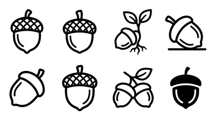 Set of Linear Acorn Icons Featuring Nut Variations and Sprouting Seeds © matahari