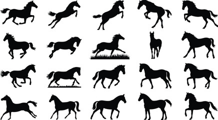 Fototapeta premium Horse Silhouette Icons Depicting Galloping, Trotting, Rearing, Standing, and Walking Poses for Design Projects