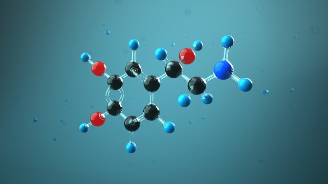Norepinephrine molecule in the liquid. 3D illustration.