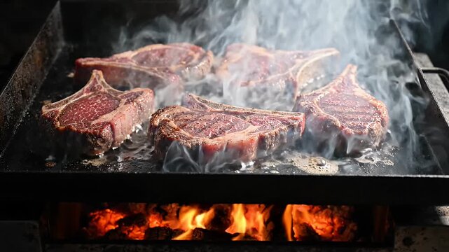 Raw beef rib steaks searing hot grill. Meat cooking over fire. Juicy cuts sizzle steak ribeye grill.