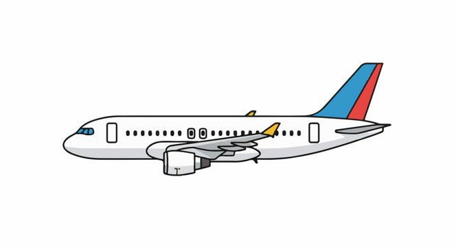 Side profile of a white passenger jet with a blue and red tail fin and yellow winglets