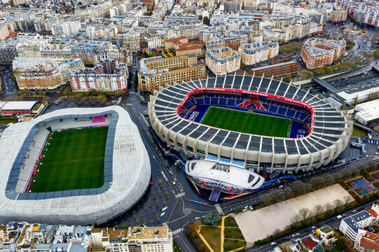 Aerial drone view of Parc des Princes stadium, Paris Saint-Germain FC, Bois de Boulogne, 16th arrondissement, Paris, France