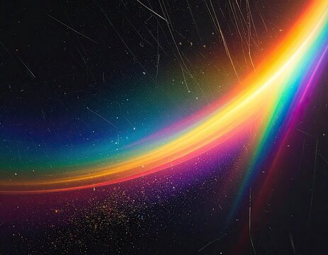 Vibrant rainbow arc curves through dark, scratched space with glittering particles