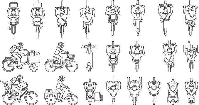 Collection of outline bicycle and scooter icons featuring diverse riders from a top view perspective