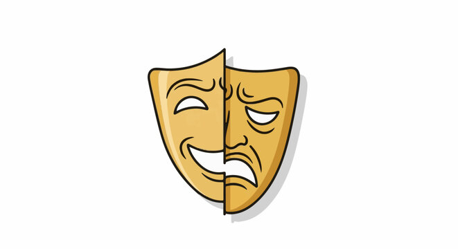 A two-faced golden mask, one side happy, the other sad