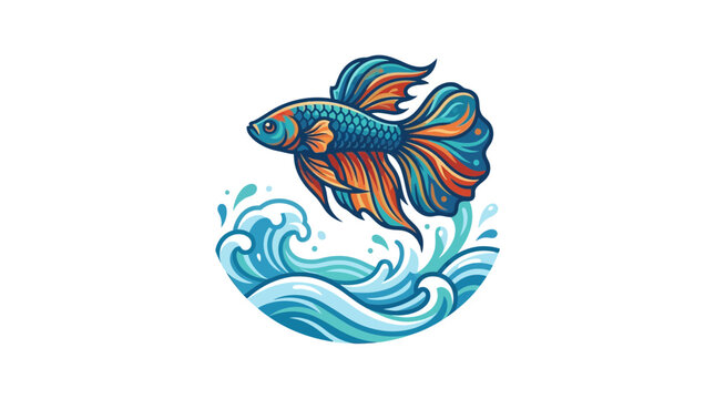 Vibrant Betta Fish Leaping Through Stylized Waves, Aquatic Art