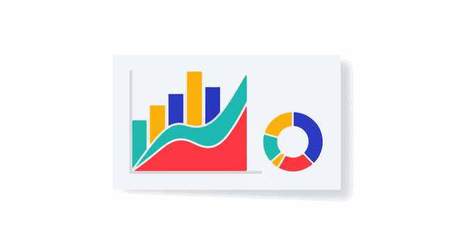 Colorful bar and pie charts illustrate data trends on a white background