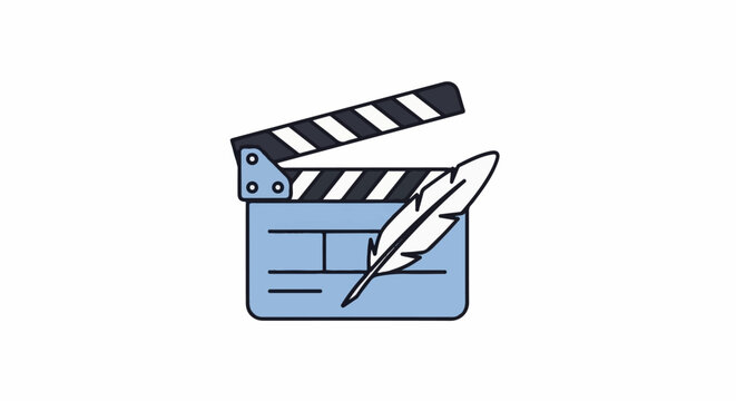 Light blue movie slate with a feather quill in front, indicating storytelling and filmmaking