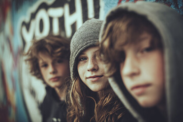 Three young friends with hooded sweatshirts pose against a vibrant graffiti wall, exuding a cool vibe.
