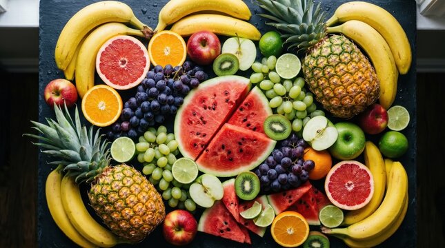 Vibrant Assortment of Fresh Fruits: A visually stunning and abundant display of ripe fruits, including watermelon, bananas, pineapples, grapes, oranges, apples, and citrus.