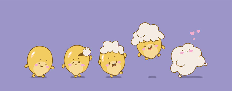 Popcorn from corn. Funny illustration of how popcorn piece emerges from kernel. Scene for cinema, circus, amusement park counters, snack food, nowaday vector concept