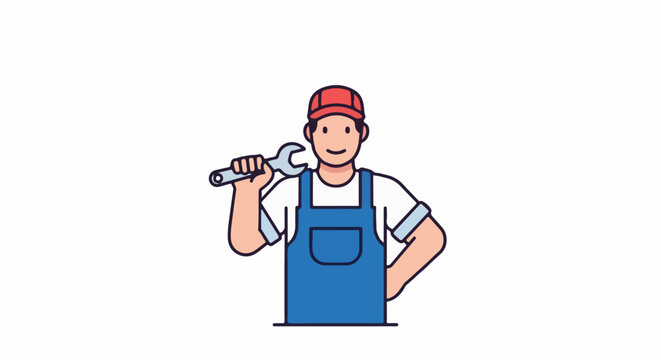 Cartoon mechanic in blue overalls holding a wrench, smiling