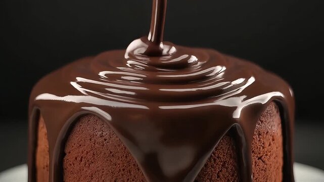Rich dark chocolate ganache pouring over a moist sponge cake in this slow motion video animation