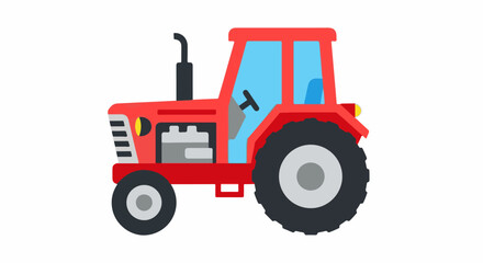 Naklejka premium A simple red tractor illustration with large black wheels and a blue-tinted cab