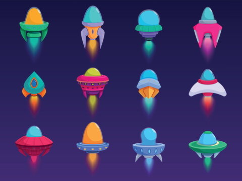 Cartoon ufo spaceship. Fantastic universe travellers spacecrafts, different aliens ships. Space adventure transport, travel and exploration, sapid vector set