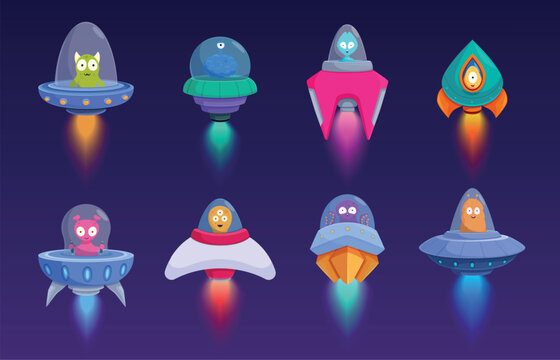 Aliens in spaceship. Ufo characters flying in spacecrafts and ships. Cartoon funny monsters travelling in universe, space adventures sapid vector elements