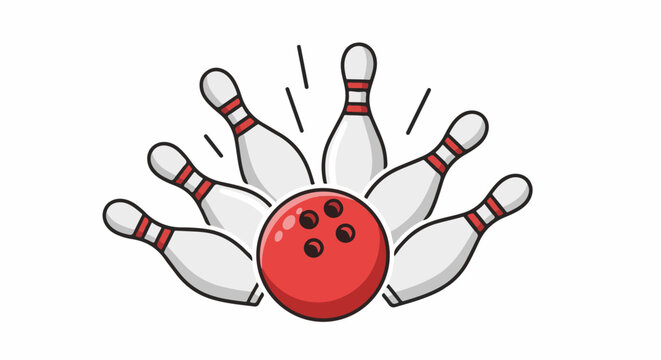 A red bowling ball striking several white pins in a stylized representation of a bowling game