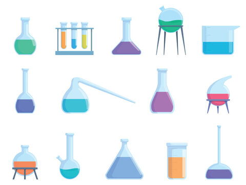 Cartoon chemical equipment. Test tubes with different liquids, glass measuring cups. Chemistry, physic, biology, medicine genetic laboratory, sapid vector clipart