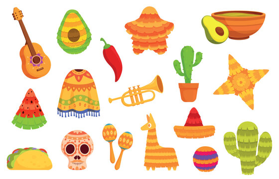 Mexican festival colorful set. Mexico symbols, poncho, sombrero hat, pinatas, chilli pepper, cacti. Isolated cartoon cinco de mayo elements, sapid vector clipart